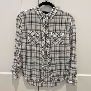 Lightweight Gray Black White Plaid Button-Up Shirt S